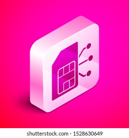 Isometric Sim card icon isolated on pink background. Mobile cellular phone sim card chip. Mobile telecommunications technology symbol. Silver square button. Vector Illustration