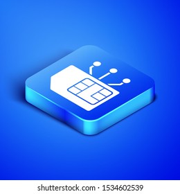 Isometric Sim card icon isolated on blue background. Mobile cellular phone sim card chip. Mobile telecommunications technology symbol. Blue square button. Vector Illustration
