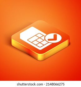 Isometric Sim card icon isolated on orange background. Mobile cellular phone sim card chip. Mobile telecommunications technology symbol. Vector