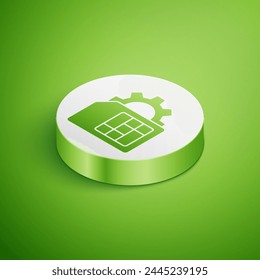 Isometric Sim card setting icon isolated on green background. Mobile cellular phone sim card chip. Mobile telecommunications technology symbol. White circle button. Vector