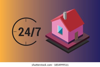 Isometric simple House   gradient background and 24/7 watching film text