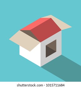 Isometric simple house made of cardboard box on turquoise blue background. Home, real estate and construction concept. Flat design. EPS 8 vector illustration, no transparency, no gradients