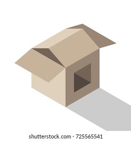 Isometric simple house made of cardboard box on white background. 
