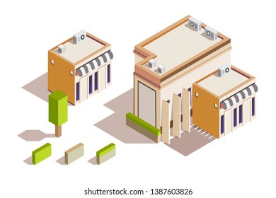 Isometric of simple house and shop design with green tree garden fence on white background, vector illustration.