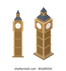 Isometric simple illustration of Big Ben tower in london. Isolated on white. EPS10 vector.