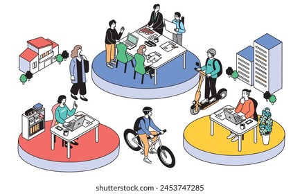 Isometric simple illustration of people doing office work and remote work