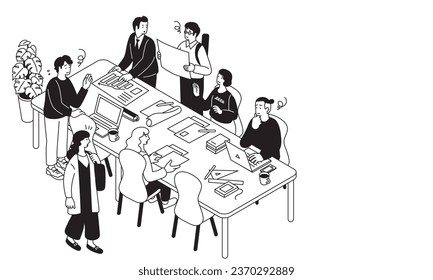 Isometric simple illustration of people working in an office with free address desk