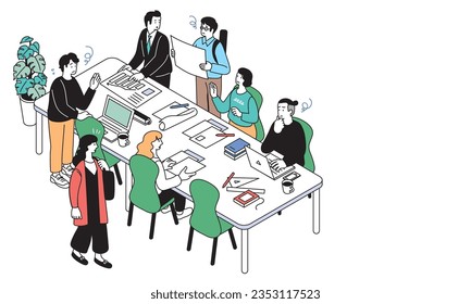 
Isometric, Simple illustrations of people working in a hot desk office with free address desks