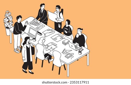 Isometric, Simple illustrations of people working in a hot desk office with free address desks