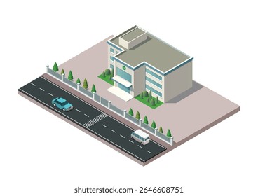 Isometric simple modern hospital building with highway