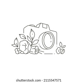 Isometric simple photo camera decorated by flowers plants for beauty blog picture video shooting. Linear photographer equipment for female vlog fashion content creation vector illustration isolated