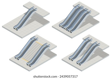 Isometric single, double and triple excalator realistic isolated on white background. Lifting escalator. An escalator vertical transportation in the form of a moving staircase.