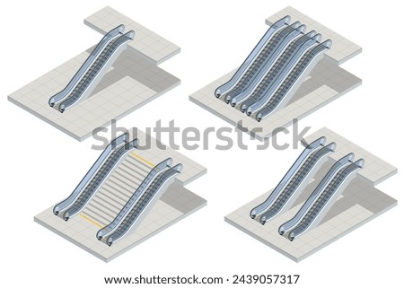 Isometric single, double and triple excalator realistic isolated on white background. Lifting escalator. An escalator vertical transportation in the form of a moving staircase.