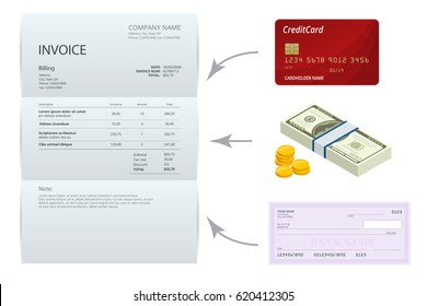 Isometric single Invoice, Bank check, cash and credit cards. Payment and billing invoices, business or financial operations sign. Vector concept for services rendered.