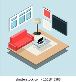 Isometric sitting room interior design composition with sofa, lap top, table and lamp. Vector illustration