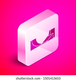 Isometric Skate park icon isolated on pink background. Set of ramp, roller, stairs for a skatepark. Extreme sport. Silver square button. Vector Illustration