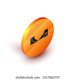 Isometric Skate park icon isolated on white background. Set of ramp, roller, stairs for a skatepark. Extreme sport. Orange circle button. Vector Illustration