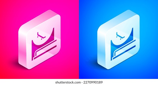 Isometric Skate park icon isolated on pink and blue background. Set of ramp, roller, stairs for a skatepark. Extreme sport. Silver square button. Vector