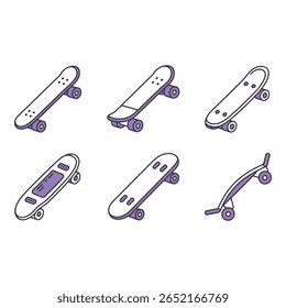 Isometric Skateboard Collection Modern Minimalist Line Art Designs Purple Accents