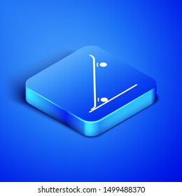 Isometric Skateboard icon isolated on blue background. Extreme sport. Sport equipment. Blue square button. Vector Illustration