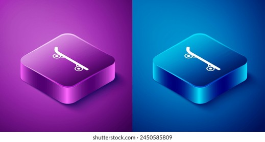 Isometric Skateboard icon isolated on blue and purple background. Extreme sport. Sport equipment. Square button. Vector