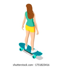 Isometric skateboard or longboard isolated on white. Girl skateboarding. Sporty woman riding on the skateboard on the road. Longboarding.