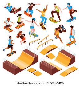 Isometric skateboard platforms set of isolated skate park elements roller beams and human characters of athletes vector illustration