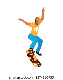 Isometric skateboarder wearing helmet performing tricks on skateboard vector illustration
