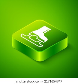 Isometric Skates icon isolated on green background. Ice skate shoes icon. Sport boots with blades. Green square button. Vector
