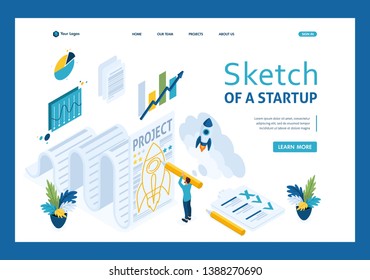 Isometric sketch a startup and paper. design sketch businessman. Template landing page.