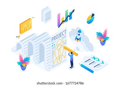 Esbozo isométrico de un inicio, proyecto en papel, desarrollo de proyectos y diseño. Concepto de diseño web.