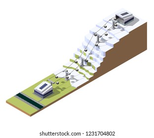 Isometric ski cable cars with stations. Winter mountain park.