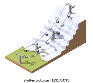 Isometric Ski Cable Cars. Winter Mountain Park.