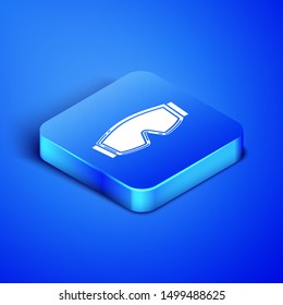 Isometric Ski goggles icon isolated on blue background. Extreme sport. Sport equipment. Blue square button. Vector Illustration