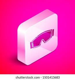 Isometric Ski goggles icon isolated on pink background. Extreme sport. Sport equipment. Silver square button. Vector Illustration