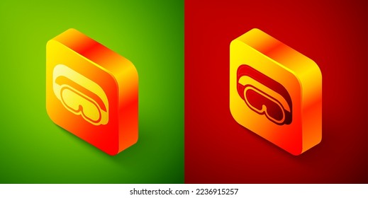 Isometric Ski goggles icon isolated on green and red background. Extreme sport. Sport equipment. Square button. Vector