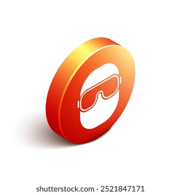 Isometric Ski goggles icon isolated on white background. Extreme sport. Sport equipment. Orange circle button. Vector