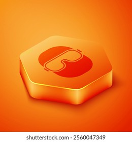 Isometric Ski goggles icon isolated on orange background. Extreme sport. Sport equipment. Orange hexagon button. Vector