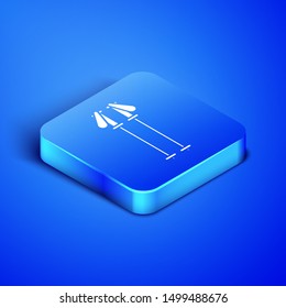 Isometric Ski poles icon isolated on blue background. Extreme sport. Skiing equipment. Winter sports icon. Blue square button. Vector Illustration