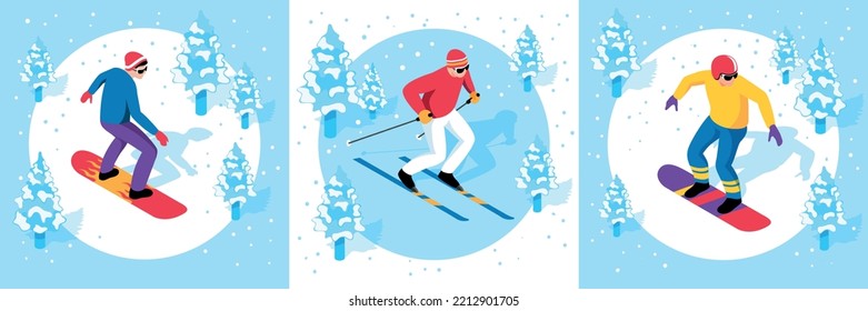 Isometric ski resort concept set with sportsmen skiing and snowboarding isolated vector illustration