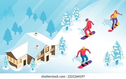 Isometric ski resort concept with snowborders on a snowy hill and alpine house on background vector illustration