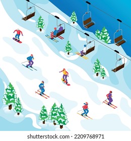 Isometric ski resort concept with sportsmen on the mountain vector illustration