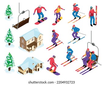 Isometric ski resort iconos establecidos con deportistas y equipo de esquí ilustrado vectorial aislado