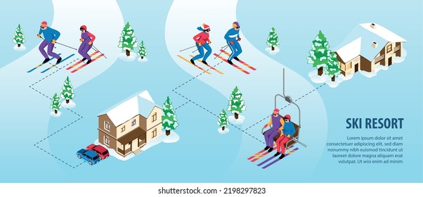 Isometric ski resort infographics with people doing winter sports vector illustration