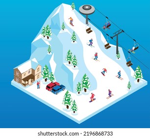 Isometric ski resort with sportsmen on snowy hill vector illustration