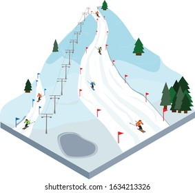 Isometric ski slopes and mountains in winter resort with ski trails on the hill. Winter activities. Vector illustration.