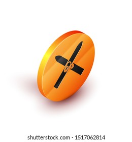 Isometric Ski and sticks icon isolated on white background. Extreme sport. Skiing equipment. Winter sports icon. Orange circle button. Vector Illustration