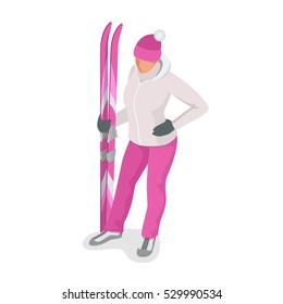 Isometric Skier. Winter activities people.  Isolated elements. Winter sport illustration for your design.