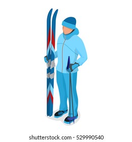 Isometric Skier. Winter activities people.  Isolated elements. Winter sport illustration for your design.