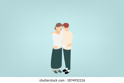 Isometric, skinship hugging men and women